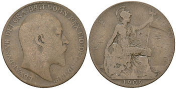 Великобритания 1 пенни 1909 Эдуард VII (1901-1910) KM 794.2, Spink 3990 бронза 3460-1041