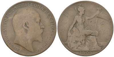 Великобритания 1 пенни 1909 Эдуард VII (1901-1910) KM 794.2, Spink 3990 бронза 3460-1041