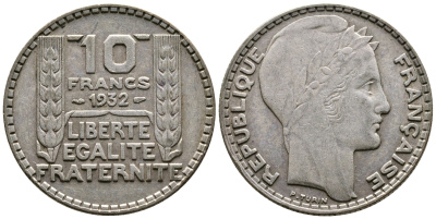Франция 10 франков 1932 Пьер Тюрен KM 878, Le Franc 360.5 серебро 4683-1041
