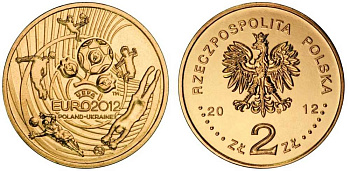 Польша 2 злотых 2012 чемпионат Европы по футболу, евро 2012, УЕФА, Польша-Украина KM 823 латунь UNC 4566-123