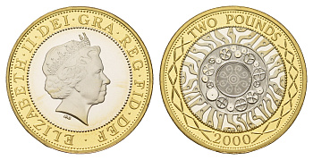Великобритания 2 фунта 2000 Елизавета II (1952-2022), год-тип, тираж 15.000 экземпляров KM 994a, Spink K9 серебро PROOF 1095-8-14