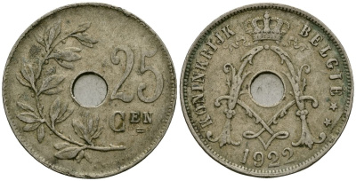 Бельгия 25 сантимов 1922 Belgie, Альберт I (1909-1934) KM 69 медно-никель 4165-844