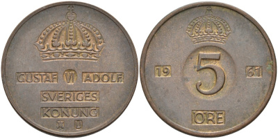 Швеция 5 эре 1961 U, Густав VI Адольф (1950-1973) KM 822 бронза 4557-814
