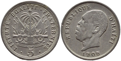 Гаити 5 сантимов 1905 Президент Пьер Нор Алексис KM 53 медно-никель 4609-752