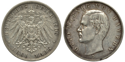Бавария 3 марки 1910 Отто (1886-1913) Weege 45, J. 47, KM 515 серебро 413-3034