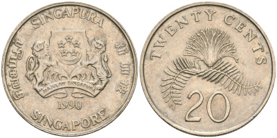 Сингапур 20 центов 1990 KM 52 медно-никель 4364-2537