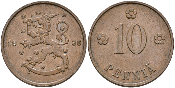Финляндия 10 пенни 1936 республика (1918-1962) KM 24 медь 4563-617