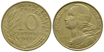 Франция 10 сантимов 1985 тип Марианна KM 929, LE FRANC 144.25 медь алюминий никель 3461-235
