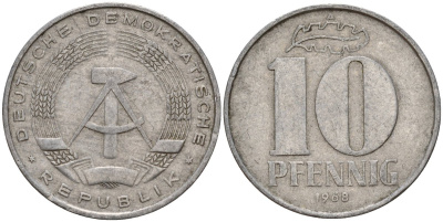 ГДР 10 пфеннигов 1968 A KM 10 алюминий 31-1136