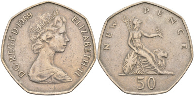 Великобритания 50 пенсов 1969 Елизавета II (1952-2022) KM 913, Spink 4223 (H1) медно-никель 4587-942