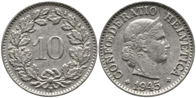 Швейцария 10 раппенов 1945 B KM 27 медно-никель     4539-443
