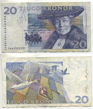 ШВЕЦИЯ 20 КРОН 1991 СЕЛЬМА ЛАГЕРЛЕФ Pick 61а бумага 7221-12-2