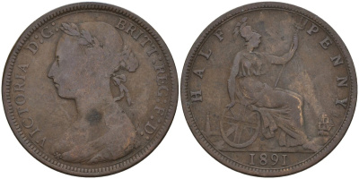 Великобритания 1/2 пенни 1891 Виктория (1837-1901) KM 754, Spink 3956 бронза 4143-1257