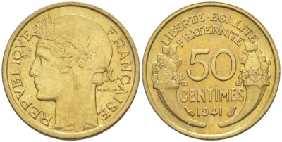ФРАНЦИЯ 50 САНТИМОВ 1941 ТИП MORLON KM 894.1, LE FRANC 192.18 алюминиевая бронза 44-456