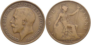 Великобритания 1 пенни 1916 Георг V (1910-1936) KM 810, Spink 4051 бронза 3460-736