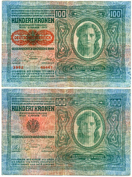 Австрия 100 крон 1912 (1919) красная надпечатка на Pick 12, на аверсе Pick 56 a бумага 444-136-2