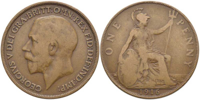 Великобритания 1 пенни 1916 Георг V (1910-1936) KM 810, Spink 4051 бронза 3460-736