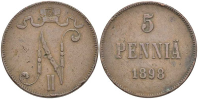 Россия для Финляндии 5 пенни 1898 Николай II (1894-1917) KM 15, Биткин 443 медь 111-745