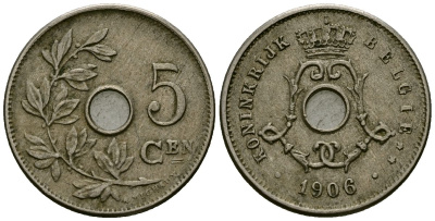 Бельгия 5 сантимов 1906 Belgie, Леопольд II (1865-1909) KM 55 медно-никель 4173-146