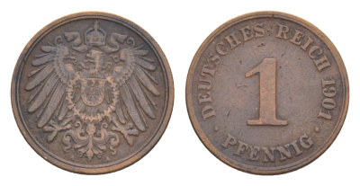 Германия 1 пфенниг 1901 A, Вильгельм II (1888-1918) KM 10, J. 10 медь 4639-1122