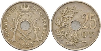 Бельгия 25 сантимов 1922 Belgique KM 68.1 медно-никель 4546-151