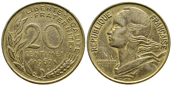 Франция 20 сантимов 1967 тип Марианна KM 930 медь алюминий никель 3461-246