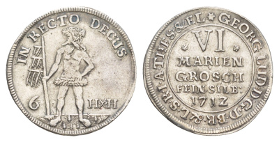 Брауншвейг-Каленберг-Ганновер 6 мариенгрошей 1712 дикарь, Георг I (1698-1727), из коллекции Ричарда Б. Смита Welter 2182 серебро 00-821-29