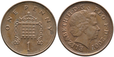 Великобритания 1 пенни 2001 Елизавета II (1952-2022) KM 986, Spink 4710 (B5) сталь плакированная медью 65-921