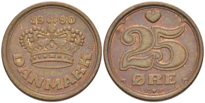 ДАНИЯ 25 ЭРЕ 1990 LG; JP; A, МАРГРЕТЕ II (1972-) KM 868.1 бронза 100-612