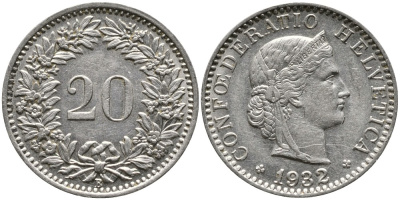 ШВЕЙЦАРИЯ 20 РАППЕНОВ 1932 В KM 29 никель 4539-536