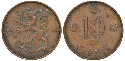 Финляндия 10 пенни 1940 республика (1918-1962) KM 24 медь 51-3246