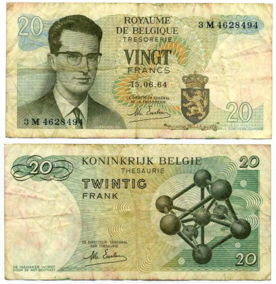Бельгия 20 франков 1964 Бодуэн I, атомиум, d Haeze Pick 138 (1) бумага 6262-51-2-2
