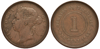 Стрейтс-Сетлментс 1 цент 1883 Виктория (1837-1901), медальный тип KM 9 медь 1523-324