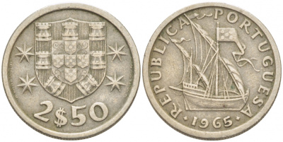 ПОРТУГАЛИЯ 2,5 ЭСКУДО 1968 ПАРУСНИК KM 590 медно-никель 3718-313