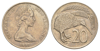 Новая Зеландия 20 центов 1973 Елизавета II (1952-2022), птичка киви KM 36 медно-никель 4683-113
