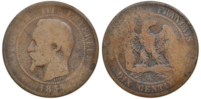 Франция 10 сантимов 1855 A, Наполеон III (1852-1870) KM 771.1, Le Franc 133,19 бронза 4683-1014