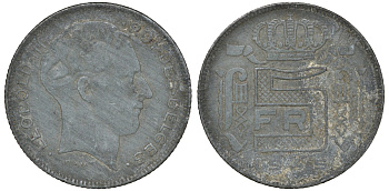 Бельгия 5 франков 1945 Belges, Леопольд III (1934-1947), германская оккупация KM 129.1 цинк4163-526