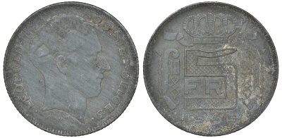 Бельгия 5 франков 1945 Belges, Леопольд III (1934-1947), германская оккупация KM 129.1 цинк4163-526
