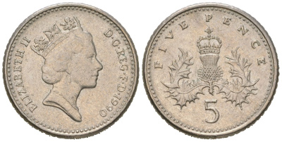 Великобритания 5 пенсов 1990 Елизавета II (1952-2022) KM 937b, Spink 4372 (D4) медно-никель 4532-442