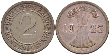 ГЕРМАНИЯ 2 РЕНТЕНПФЕННИГA 1923 A KM 31, J. 307, Weege 3 бронза 206-865