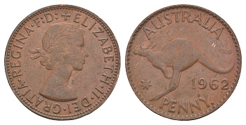 Австралия 1 пенни 1962 p, Елизавета II (1952-2022), кенгуру KM 56 бронза 4683-522