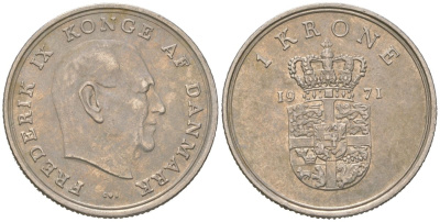 Дания 1 крона 1971 C; S, Фредерик IX (1947-1972) KM 851 медно-никель aUNC 216-114