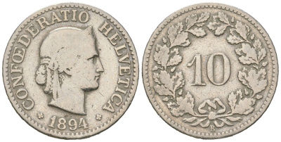 Швейцария 10 раппенов 1894 B KM 27 медно-никель 4617-438