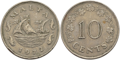 Мальта 10 центов 1972 баржа Великого магистра KM 11 медно-никель 82-514