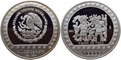 Мексика 10000 песо 1992 фигуры майя, камень Тисока, вес 155,51 грамм, тираж 3300 экземпляров KM 557 серебро PROOF 01-097-11-2