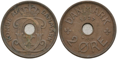 Дания 2 эре 1927 Кристиан X (1912-1947) KM 827 бронза 4147-443
