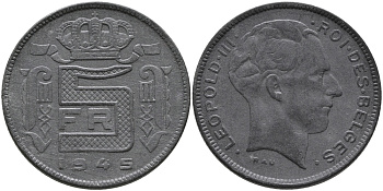 Бельгия 5 франков 1945 Belges, Леопольд III (1934-1947), германская оккупация KM 129.1 цинк 93-1153