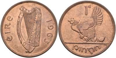 Ирландия 1 пенни 1963 курица с цыплятами KM 11 бронза aUNC 4583-425