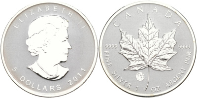 Канада 5 долларов 2011 кленовый лист KM 625 серебро PROOF 00-000-00