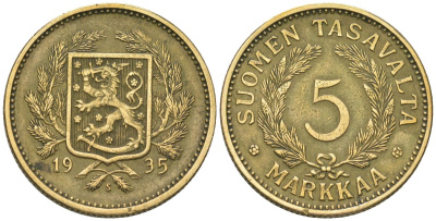 Финляндия 5 марок 1935 S, редкий год, тираж 440.000 KM 31 алюминиевая бронза 4589-1222